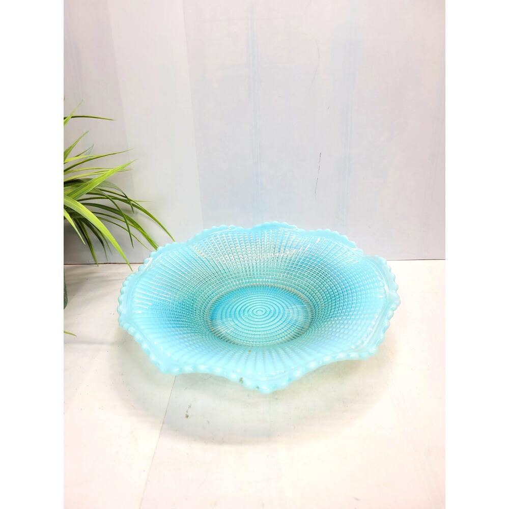 Antique Ribbed Spiral Blue Opalescent Model Flint Bowl
